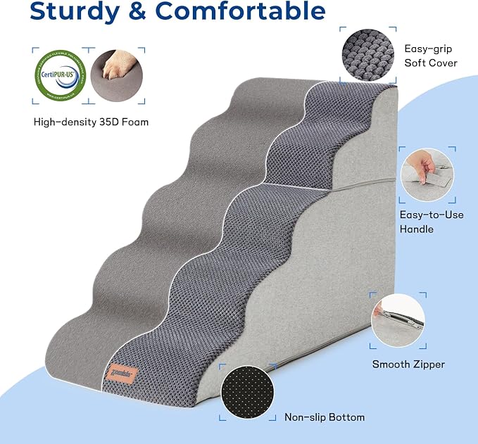Dog Stairs for High Beds - Pet Stairs Ramp for Couch, 35D Foam Dog Steps for Small to Large Pets, with Non-Slip Bottom Beige, 5 Steps