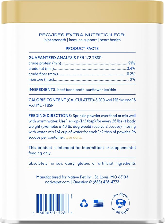 Native Pet Bone Broth for Dogs and Cats - Made with Real Beef Bone Broth, Dog Food Toppers for Picky Eaters - Provides Extra Hydration & Nutrition for Joint Strength, Immunity & Heart Health-96 Scoops
