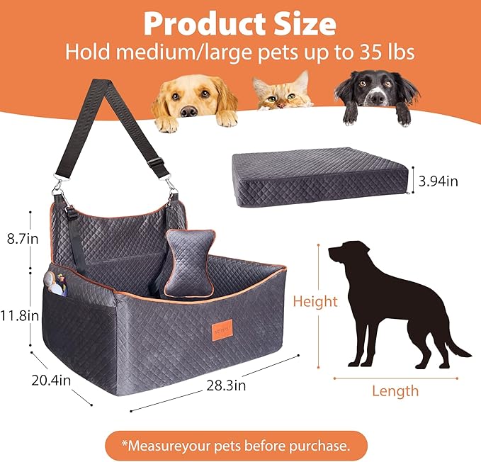 Dog Car Seat for Medium Dogs or 2 Small Dogs, Memory Foam Booster with Bonus Pillow & Removable Washable Cover, 2 Safety Leashes, Anti-Slip Base - Supports 50lbs (Grey)