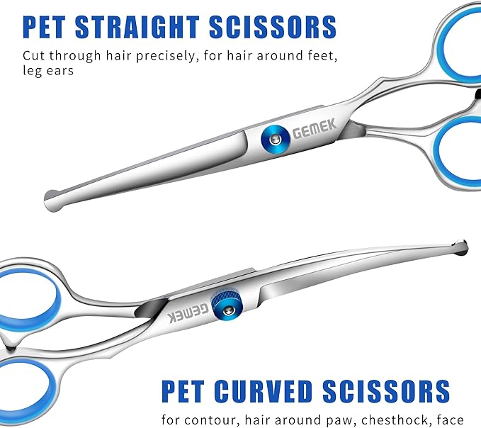 GEMEK Professional 5 in 1 Dog Grooming Scissors Set with Safety Round Tips, Sharp and Heavy-duty Pet Grooming Shears for Cats (Blue)
