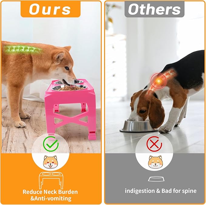 Hubulk Elevated Dog Bowls with 2 Stainless Steel Food & Water Raised Bowls with No Spill Edge Non-Slip Stand Adjusts to 5 Heights(3.2", 8.77", 9.9",11.1", 12.3")for Small Medium Large Dog and Pet Pink