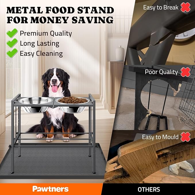 Elevated Dog Bowls - Metal Raised Dog Bowls for Large Breed with 3 Adjustable Heights, Perfect Sturdy Bowl Stands for Extra Large Sized Dogs, Grey with Feeding Mat