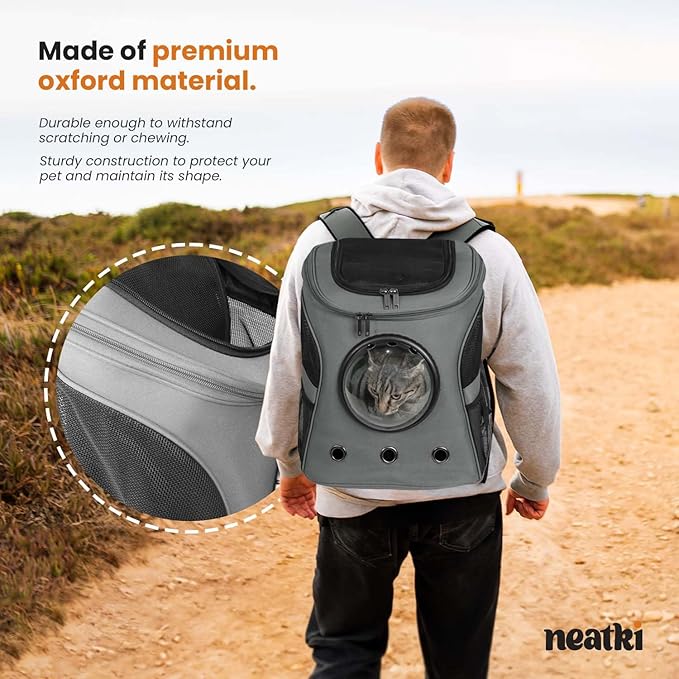 Cat Backpack Carrier, Airline Approved, Space Capsule Bubble Design, Ideal for Cats & Dogs up to 28-35 lbs, with Strong Straps, Safety Zippers, Mesh, Comfortable for Hiking & Travel (Grey)