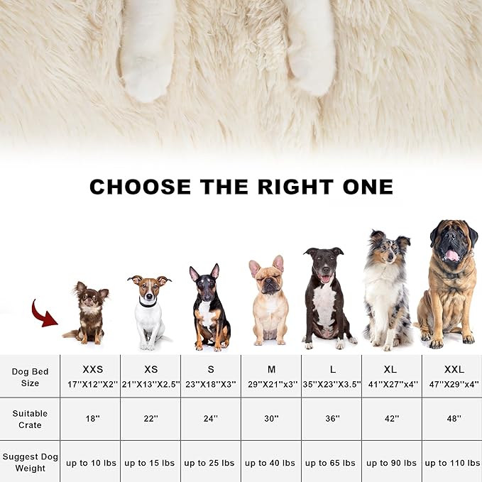 Bedfolks Waterproof Dog Crate Pad, Plush Dog Kennel Bed with Removable Cover, Faux Fur, Washable, 17"x12", Cream