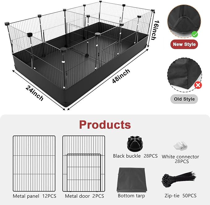 Tresbro Guinea Pig Playpen with 14 Panels & Divided Room, Triple Fixing Measures Small Animal Cage with Waterproof PVC Liner & One-Motion Hooks, Rabbit, Bunny, C&C Grids Cage 48 x 24 x 16 Inches