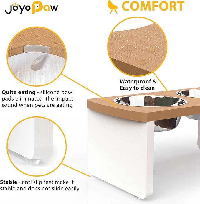 Elevated Dog Bowls, HIPS Raised Dog Bowl for Medium Dogs, with 2 Stainless Steel Bowls (7'' Tall-40 oz Bowl, Teak-White)