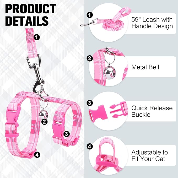 BEAUTYZOO Cat Harness and Leash Set Escape Proof for Walking, Kitten Soft Adjustable Vest Harnesses for Small Medium Large Cats, Easy Control Breathable Plaid Ribbon Nylon for Outdoor Indoor Use