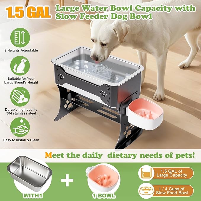1.5 Gallon Elevated Large Dog Water Bowl, 2 Height Adjustable Stainless Steel Raised Dog Water Bowl Stand for Large Breed, Metal Pet Bowl Stand for Relief Joint Pressure, Easy Clean (Black)