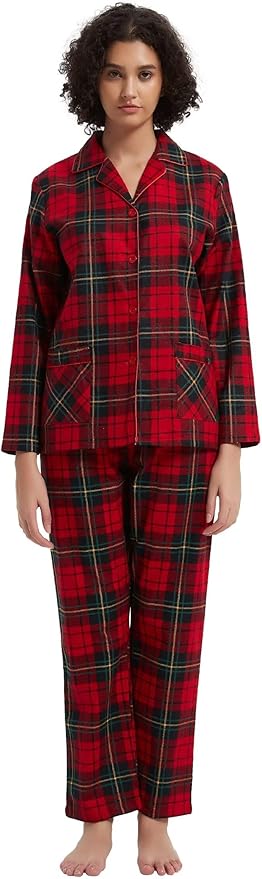 GLOBAL Flannel Pajamas for Women 2-Piece Comfy and Cozy Flannel Pj Set Cotton Loungwear