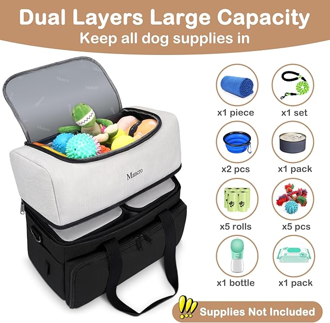 Mancro Dual Layers Dog Travel Bag, Pet Travel Bag with 2 Extra Large Food Containers, 2 Collapsible Dog Bowls, Multi-Pockets Tote Organizer for Pet Essentials for Dogs, Black
