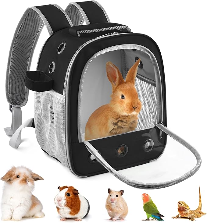 Guinea Pig Carrier Backpack, Portable Rabbit Travel Carring Bag for Pet Bunny Chinchilla Bearded Dragon Hamster Parrot Outgoing Pouch Case with Water Bottle Holder & Detachable Pad (Black)