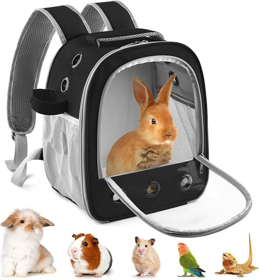 Guinea Pig Carrier Backpack, Portable Rabbit Travel Carring Bag for Pet Bunny Chinchilla Bearded Dragon Hamster Parrot Outgoing Pouch Case with Water Bottle Holder & Detachable Pad (Black)