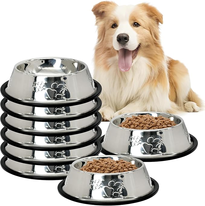 Fhiny 8Pcs Stainless Steel Dog Cat Bowl with Rubber Base Pet Food and Water Feeder Bowls Stackable Non-Slip Dish Plate for Small Medium Animals Puppy Kitten Rabbit-Two Paw Patterns