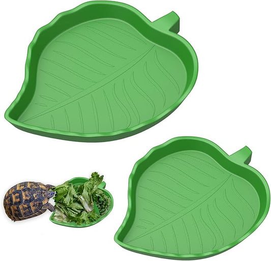 Pawfly 2 Pcs Leaf Reptile Water Dish, Reptile Water Bowl, Tortoise Habitat Accessories, Bearded Dragon Water Bowl, Pet Food Feeding Plate for Turtle Small Snake Lizard, 2 Sizes