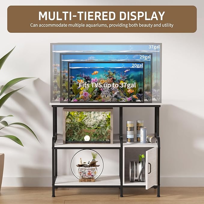 40-50 Gallon Fish Tank Stand，750 lbs Capacity Aquarium Stand，Heavy-Duty 3-Level Reptile Stand with Built-in Storage，36.8×15.7×31.5" Steel Terrarium Stand (Greige)