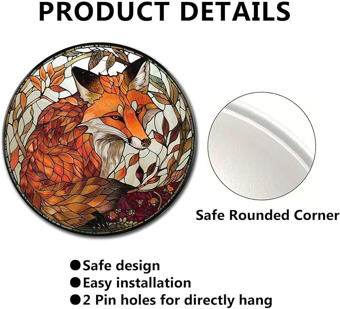 Lygond Metal Sign Tin Sign Circular Stained Glass Red Fox2 Funny Garden Signs For Garage 12×12 Inches