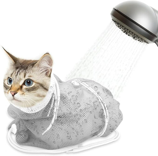 Cat Bathing Bag, Breathable Mesh Anti Scratch Adjustable Cat Grooming Bag for Nail Trimming, Bathing Polyester Soft Cat Washing Bag