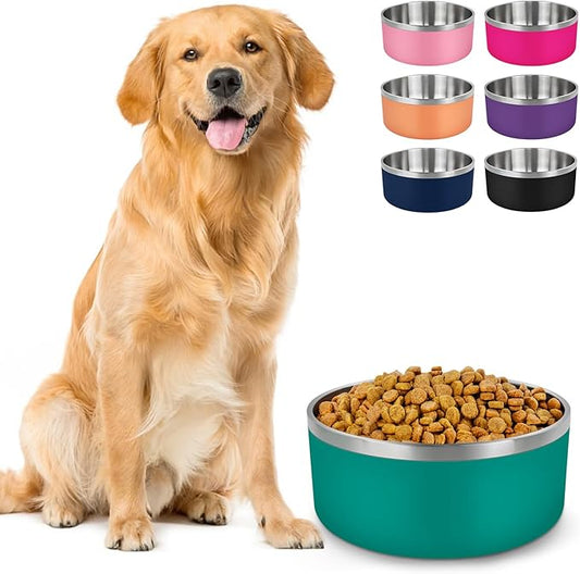 LIHONG Stainless Steel Dog Bowls for Large Dogs,Dog Food Water Bowls with Non Slip Rubber Bottom,Pet Feeding Bowl,Double Wall Insulated,Rustproof(64oz,Deep Green)