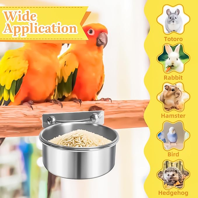 MotBach 3 Pack Bird Feeding Bowls Cups Parrot Food Water Dishes, Stainless Steel Bird Bowl Cup Dish with Clamp, Birdcage Feeder Pet Cage Bowls for Parrot Cockatiel Budgie Conure Parakeet Small Animal