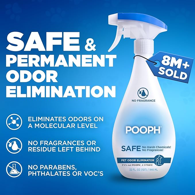 POOPH® Pet Odor Eliminator Spray – 32oz Single & 32oz 2-Pack Bundle – No Fragrance, No Harsh Chemicals, Safe for Pets & People, Eliminates Odors Fast – Home, Auto, Furniture & More
