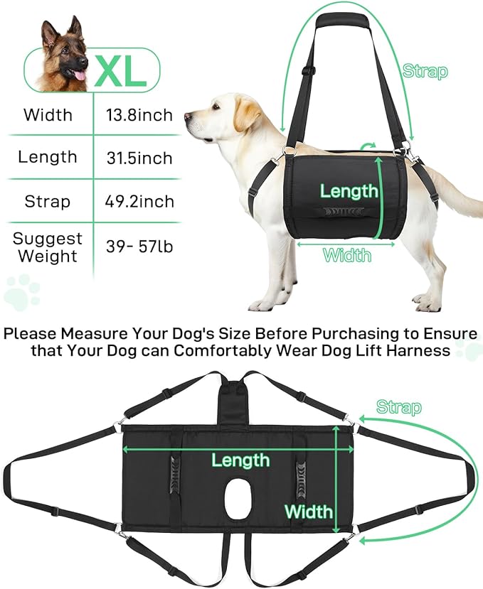 Dog Lift Harness with Adjustable Lifting Straps, Sling for 39-57 lbs Large Dogs Hind Legs Support, Rehabilitation Dog Carrier, for Wounded, Disabled and Joint Injuries for Senior Dogs