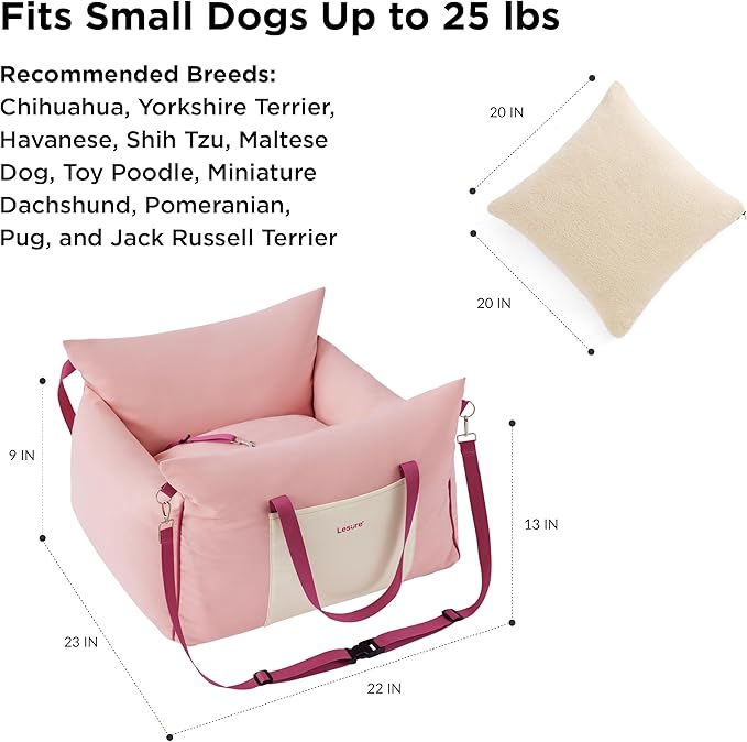 Lesure Small Dog Car Seat for Small Dogs -Soft Dog Booster Seat for Car with Storage Pocket and Clip-On Safety Leash and Thickened Memory Foam Filling, Pet Travel Carrier Bed Strawberry Cream