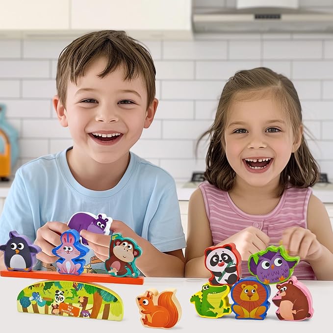 Vileafy Montessori Wooden Animal Toys for 3 4 5 Year Old Boys and Girls, 10 Pack Balance Blocks with Beam & Base, Toddler Stacking Toys Games, Educational Preschool Toys for Birthday Gifts
