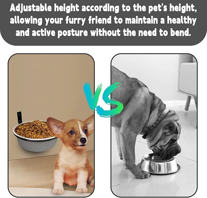 Wall Mounted Dog Bowls-2 * 36 Oz, Stainless-Steel Raised Adjustable Height Dog Food and Water Bowls, Elevated Pet Comfort Feeding Bowl for Medium Large Dogs Cats