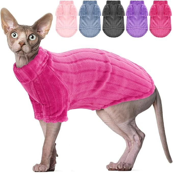 SUNFURA Sweaters for Cats, Hairless Sphynx Sweater Kitten Pullover with Sleeves, Warm and Soft Cat Pajamas Fleece Sweatshirt Jumpsuit, Turtleneck Clothes for Fall Winter, Hot Pink S
