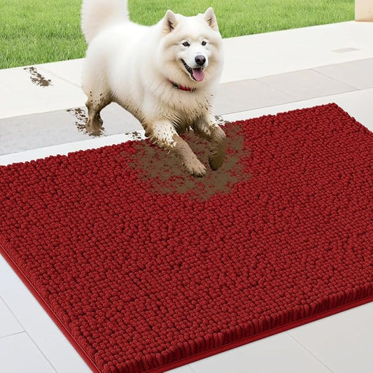 IM HOME 36" x 24" Red Dog Door Mats for Muddy Paws, Chenille Absorbent Dog Mat, Non Slip Heavy Mud Mat for Dogs, Soft Pet Bed Mat for Entryway, Mud Paws, Inside Floor