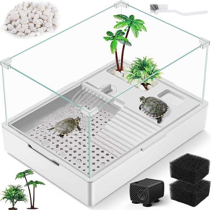 Small Turtle Tank (Tank + Water Pump), Acrylic Turtle Tank Starter Kit with Upgrade Rain Shower Head, Adjustable 5W Water Pump, Higher Fences and Multi-Function Areas. (S)