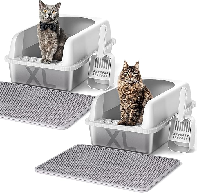 Henkelion 2 Pack Stainless Steel Cat Litter Box with Lid, 24" L x 16" W x 11.8" H, Extra Large Litter Box for Big Cats with High Sided, Anti-Urine Leakage, Easy Cleaning, Include Cat Mat and Scoop