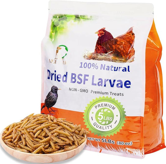 5lbs Dried Black Soldier Fly Larvae for Chickens - 100% Natural BSF Larvae More Calcium Than Dried Mealworms - High Protein BSFL Chicken Treats for Laying Hens Ducks Birds