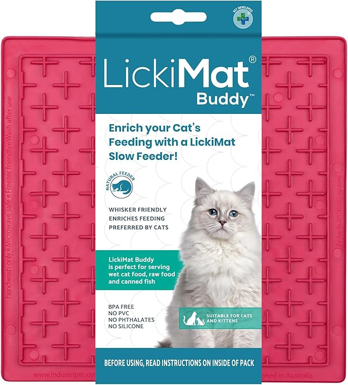 LickiMat Classic Buddy, Cat Slow Feeder Lick Mat, Boredom Anxiety Reducer; Perfect for Food, Treats, Yogurt, or Peanut Butter. Fun Alternative to a Slow Feed Cat Bowl or Dish, Pink