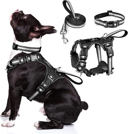 WINSEE Pet Harness Collar and Leash Set, All-in-one Reflective Dog Harness No Pull with Adjustable Buckles for Puppies, Small, Medium, Large, and Extra-Large Dogs (Medium, Black)