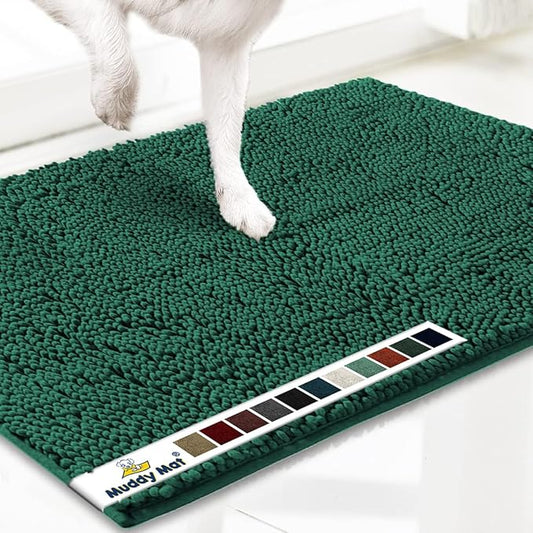 Muddy Mat® AS-SEEN-ON-TV Highly Absorbent Microfiber Dog Door Mat and Pet Rug, Non Slip Thick Washable Area and Bath Mat Soft Chenille for Kitchen Bathroom Bedroom and Indoor - Dark Green XXL 60"X48"