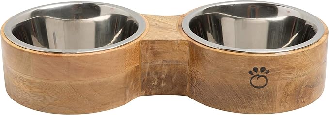 Luxury Elevated Dog Bowl Set - Mango Wood Stand with 2 Stainless Steel Food & Water Bowls - Raised Pet Feeder with Non-Slip Base, Modern Design for All Dog Sizes, Small 10oz