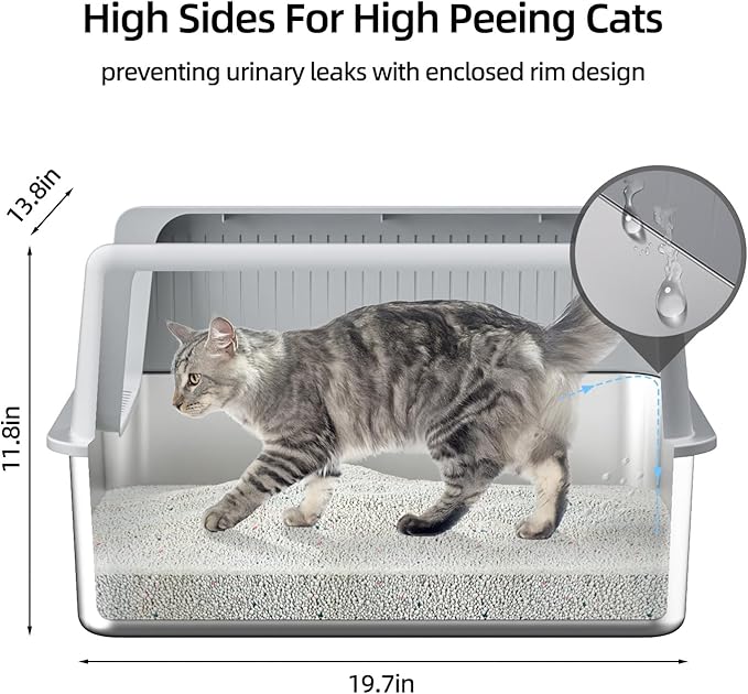 Stainless Steel Cat Litter Box with Lid,XL,19.7” L x 13.8” W x 11.8”H Deep,Large Metal Litter Box with High Side,for Small and Large Cats,Anti-Leakage Non-Sticky Easy Cleaning Include Litter Scoop