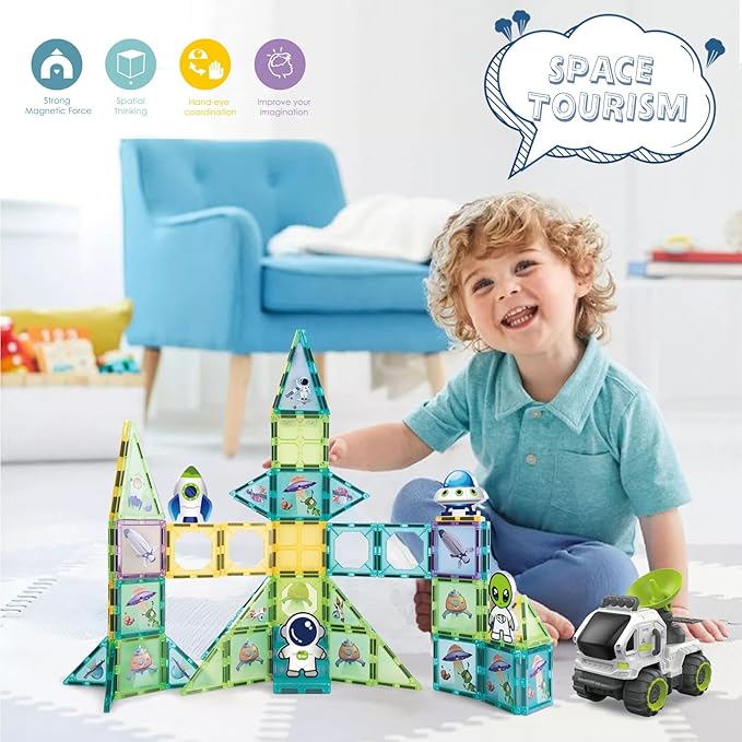 Magnetic Tiles Building Block Set Magnet Tiles Educational Toy Space Adventure Learning Construction Magnetic Toys Set Birthday Gift for Boys Girls Kids Age 3 4 5 6 7 8