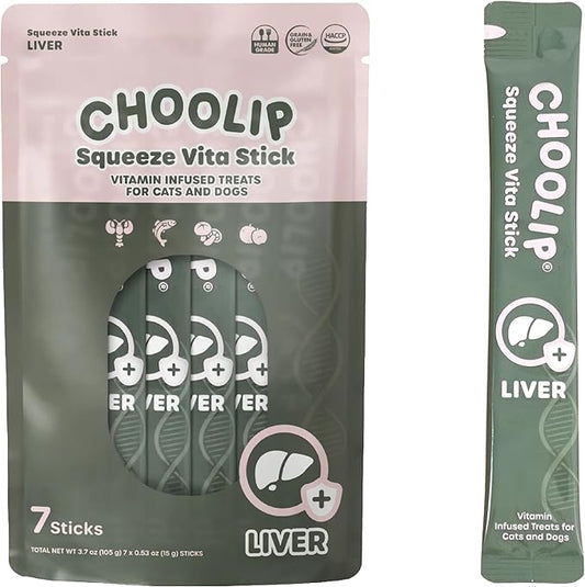 Choolip Squeeze Vita Stick Lickable Cat Treats & Dog Puree – 7-Count Liver Support Tubes, Creamy Grain-Free High-Protein Puree with Milk Thistle, Vitamin E & CoQ10 for Liver Health & Detox Support