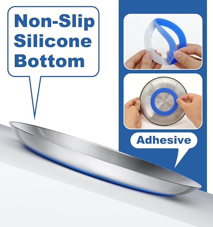 Supet Whisker Frinendly Cat Plates for Wet and Dry Food, Cat Bowls with Non-Slip Bottom, 304 Stainless Steel Flat Wide Shallow Dishes for Indoor Kitten (2Pcs)