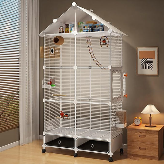 Large Parrot Cage with Acrylic Doors, 4 Casters, Perch & Feeder, Detachable Drawer, Ideal for Cockatiels, Budgies, Conures, Indoor/Outdoor Use – Spacious White Birdcage(White,72 * 36 * 170)