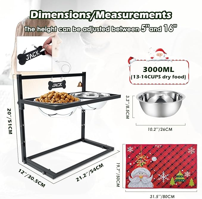 SHAINFUN Christmas Elevated Dog Bowls for Large Breeds with Mat, Adjustable Height, Tall Raised Dog Food Water Bowl Stand Gift for Dogs