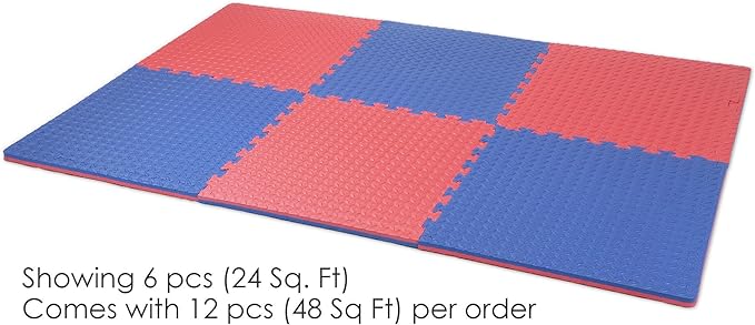 Xspec 1" Extra Thick 48 sq ft Reversible EVA Gym Foam Floor Mat Tiles (24" x 24"), Steel Pattern, 12 pcs, Blue & Red