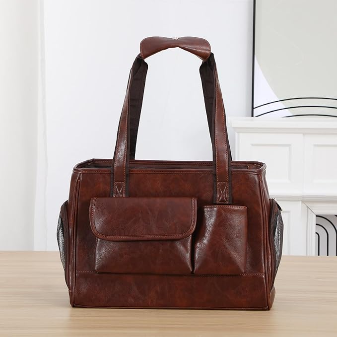 Dog Carrier Purse, Fashion Leather Pet Carrier Bag, Airline Approved Soft Sided Cat Travel Tote Bag with Pockets Coffee