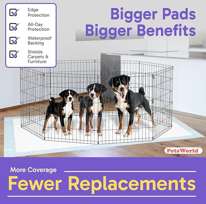 PETSWORLD Mega-Sized Dog Pee Pads (40" x 99") – 4XL Gigantic Pet Piddle Pads for Puppy Training, Incontinence – with Adhesive Sticky Tape – Leak Proof, 5-Layer Protection (80 Count)