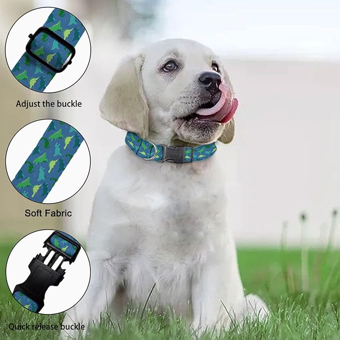 Green Dinosaur Blue Dog Collar Pet Neck Strap for Small Medium Large Dogs Soft Adjustable Buckle