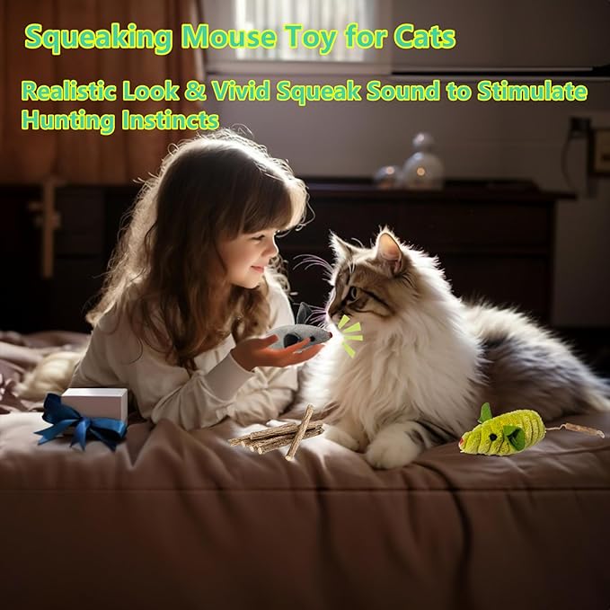9Pcs Cat Toys, 3X Squeak Mice Catnip Toys for Indoor Cat + 6X Silvervine Chew Stick Dental Chirping Mouse Plush Kitten Stuffed Toy Cleaning Teeth Matatabi Bite Interactive Cat Gifts Kitty Toy