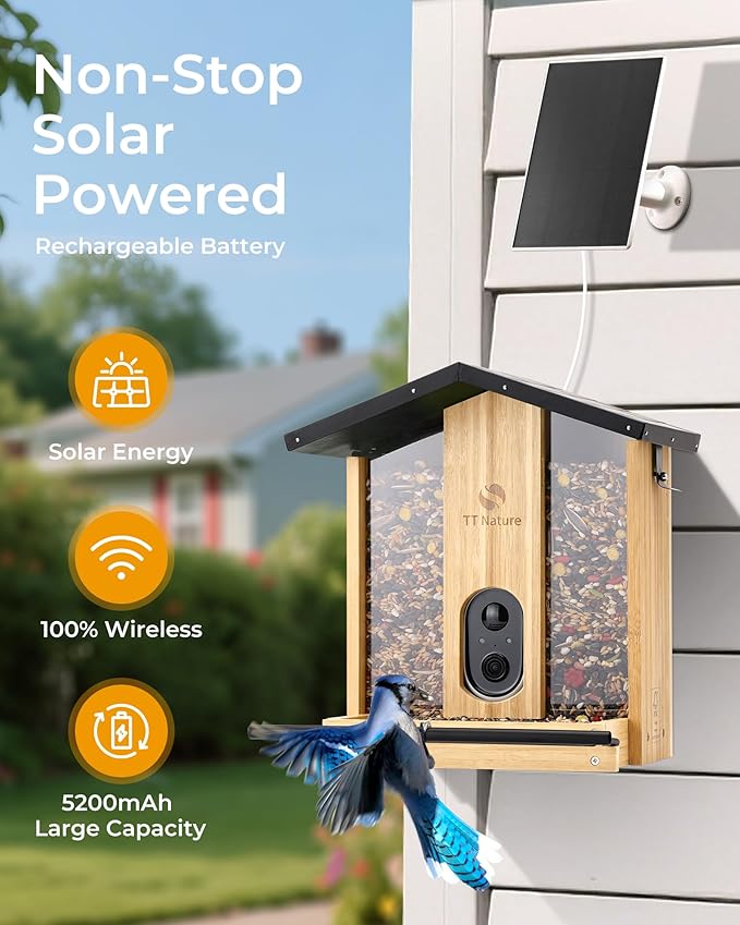 TT Nature Bird Feeder with Camera – 3L Smart Bird Feeder with AI Recognition, Live Streaming, Cloud Storage, Real-Time Alerts, Birdwatching Gift for Nature Lovers (Bamboo)