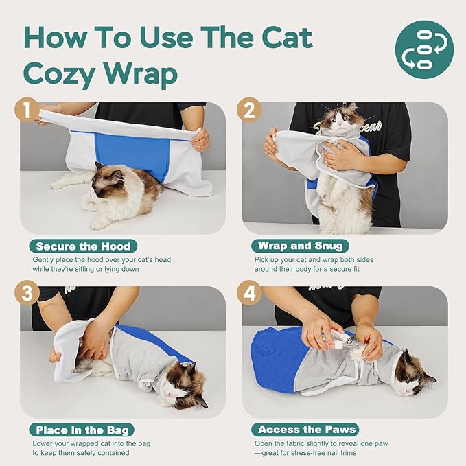 Self-Adhesive Cat Grooming Wrap, Cozy Cat Wrap for Cutting Nails, Breathable Anti-Scratch Cat Swaddle Bag for Brushing, Ear Cleaning, Dental Care, Medication, Injections, Blue S
